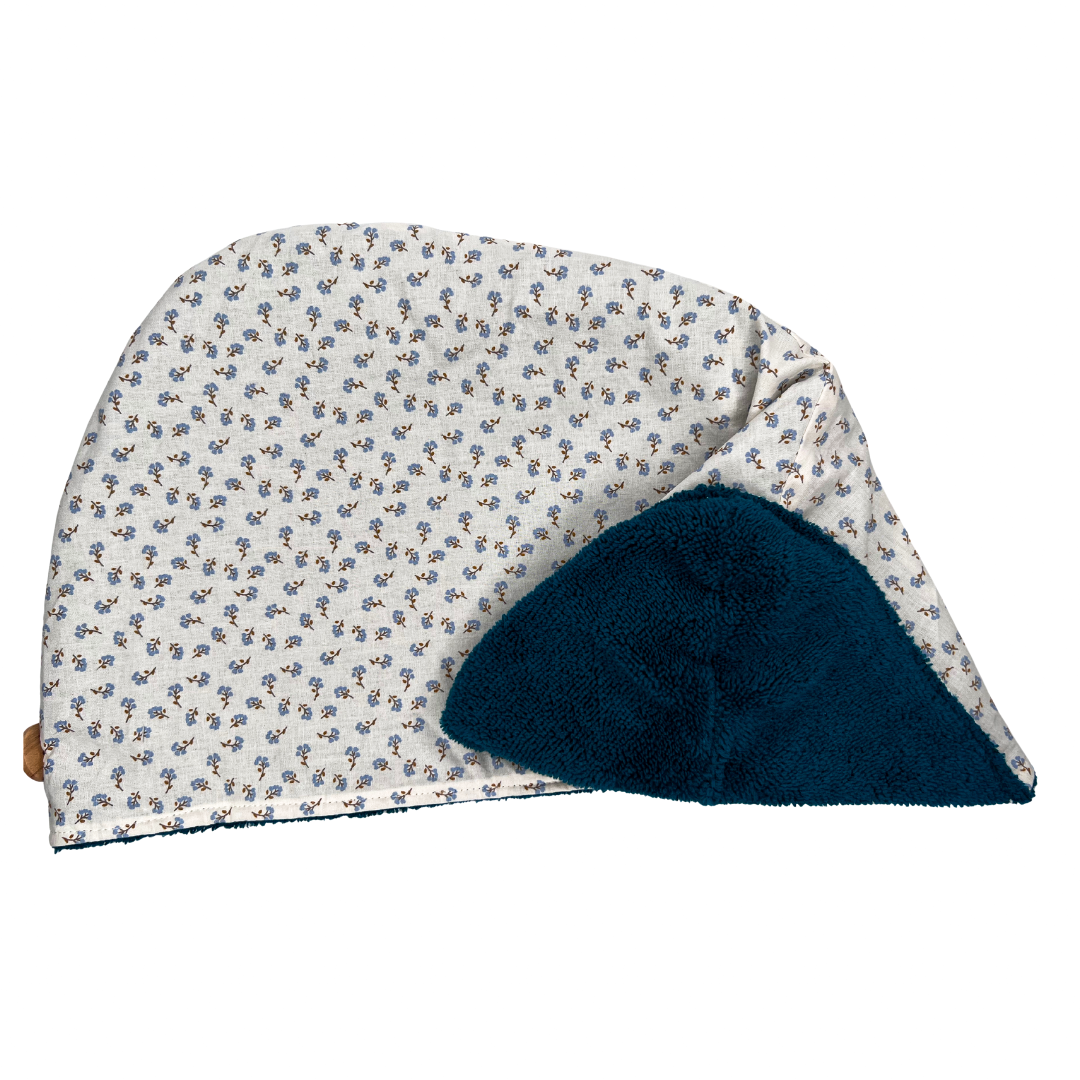 RUBAN A CHEVEUX BLANC FLEUR BLEU COTON BLEU